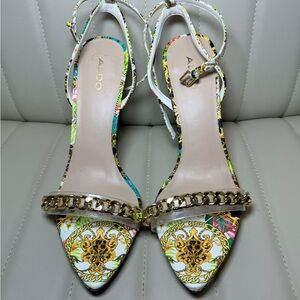 Aldo Women's Floral Gold Chain Heels size 9 stiletto shoes